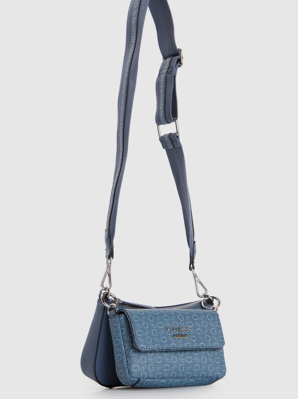 GUESS Light Blue Logo Jacquard Crossbody Bag with Silver Hardware - Picture 2 of 5